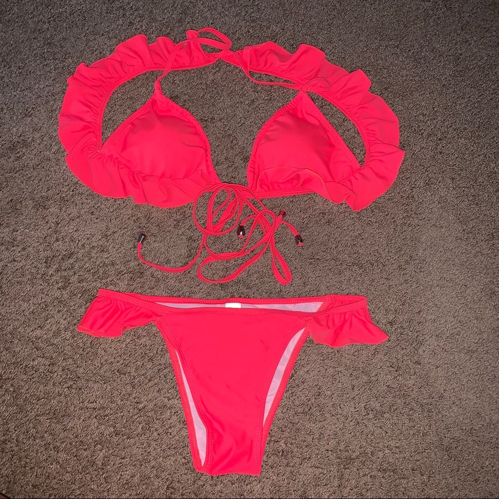 Ruffle Padded Bikini Set Neon Pink